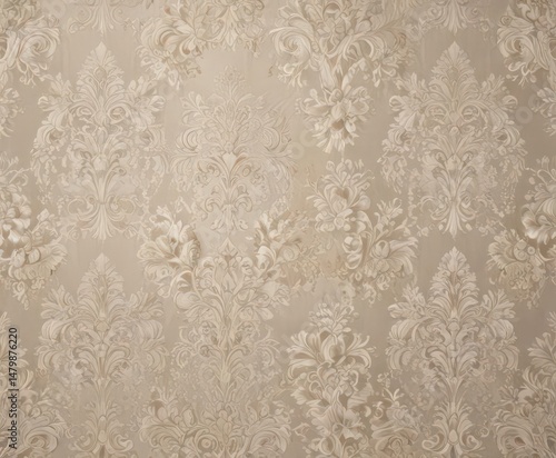 Elegant neutral damask wallpaper, intricate lace-like baroque pattern , tapestry, cream