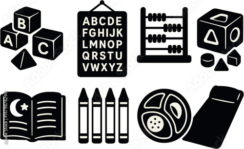 Preschool learning icons set – silhouette educational symbols for kids and toddlers