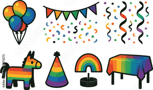 Rainbow party icons set – silhouette, festive and celebration symbols