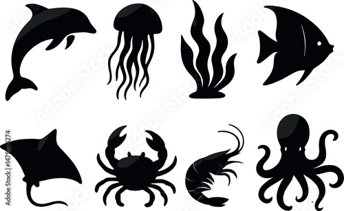 Aquatic life icons set – silhouette, marine, ocean animal symbols