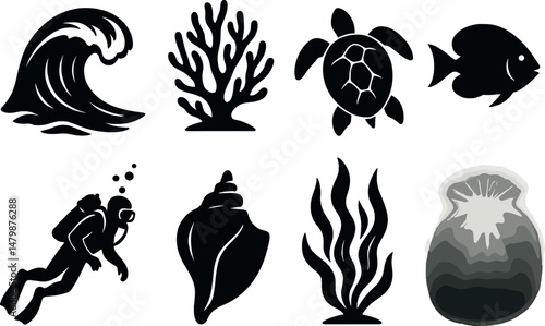 Ocean elements icons set - silhouette, marine and sea life symbols for design