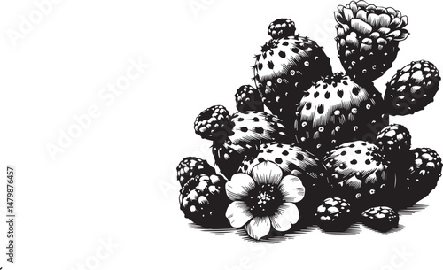 Prickly pear or Indian fig opuntia isolated black vector illustration