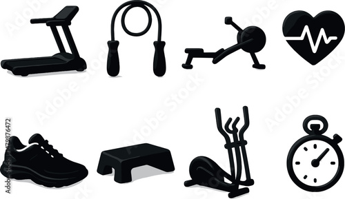 Cardio workout icons set – silhouette, fitness and exercise symbols for health apps