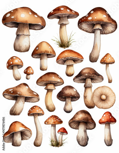 A variety of mushrooms growing on a clean white surface, ideal for use in food or science illustrations