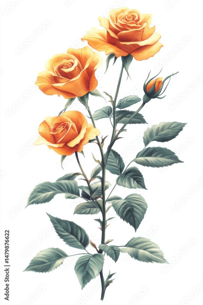 Fototapeta premium Watercolor Roses on White Background; Three Golden Blooms and Bud, Botanical Illustration, Floral Art, Elegant Design, Isolated, Artistic, Detailed, Floral, Decorative