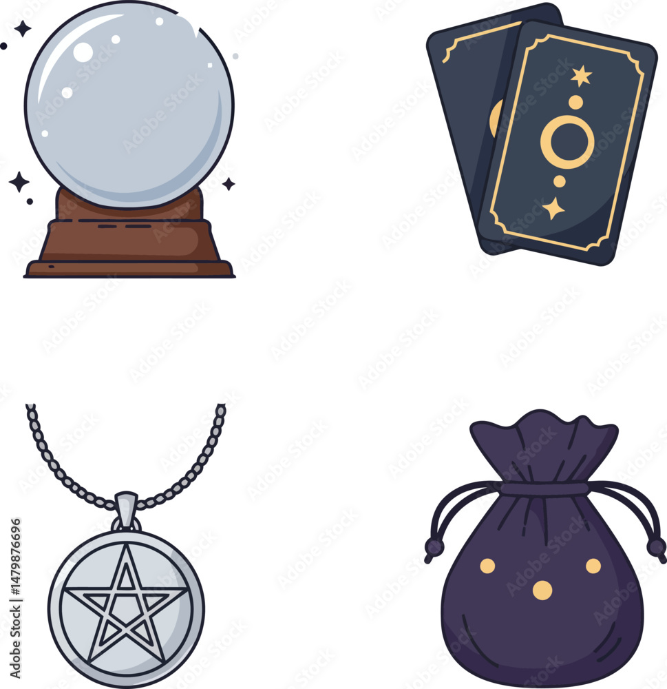 Fototapeta premium Magic crystal ball tarot cards pentagram pendant and pouch vector illustration