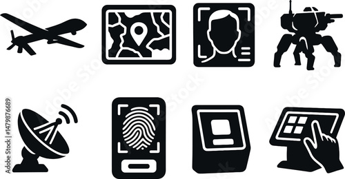 Modern warfare icons set – silhouette, military and combat style graphics
