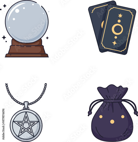 Magic crystal ball tarot cards pentagram pendant and pouch vector illustration 