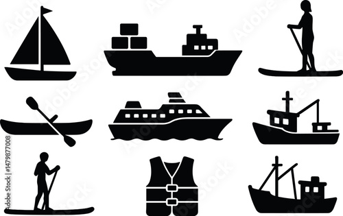 Water transport silhouette icons set – simple and marine-themed visuals