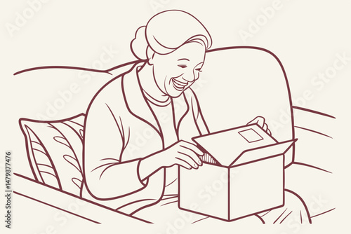 Sketch style doodle of Smiling older adult mature woman customer unpacking parcel concept sitting at home on couch