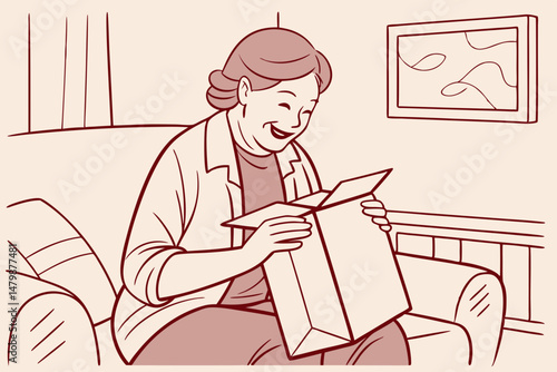 Sketch style doodle of Smiling older adult mature woman customer unpacking parcel concept sitting at home on couch