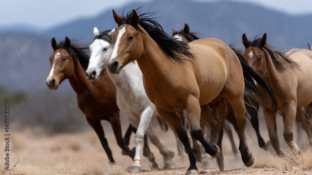 Obraz premium Wild horses running across arid landscape