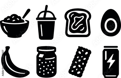 Pre-run nutrition silhouette icons set – simple, fitness and workout food symbols