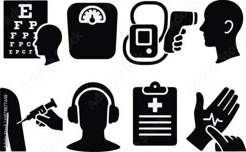 Health and wellness silhouette icons set – medical, checkup, simple design symbols