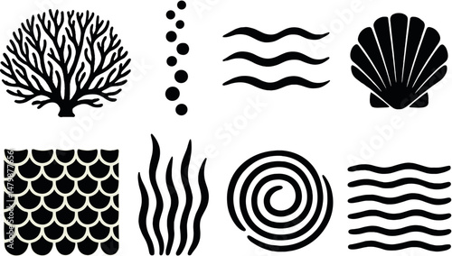 Underwater pattern icons set – silhouette, marine and ocean symbols for design