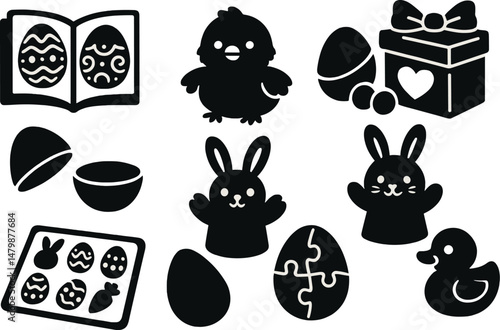 Easter toys icons set – silhouette, holiday, festive playtime symbols