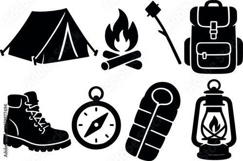 Summer camping essentials icons set – silhouette, outdoor adventure and nature symbols
