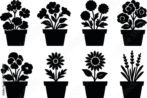Summer flowerpots icons set – silhouette, gardening and floral design elements