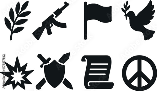 Peace and conflict icons set – silhouette, harmony and warfare symbol collection