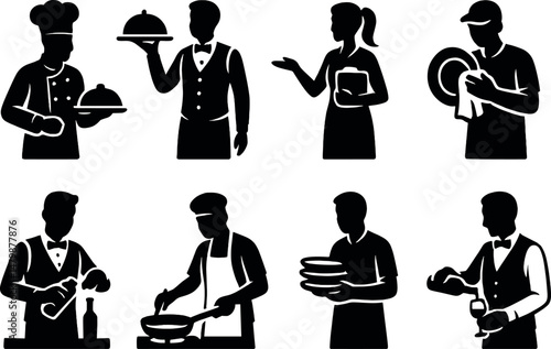 Restaurant staff silhouette icons set – simple, service and hospitality symbols