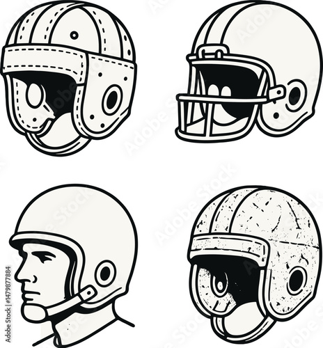 Vintage football helmets icons set – outline, retro sports gear and classic design symbols