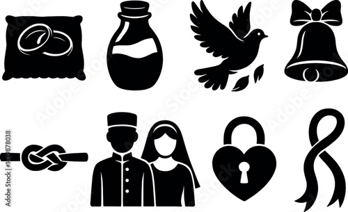 Cultural wedding symbols icons set – silhouette, matrimonial and ceremony graphics