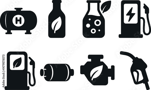 Alternative fuel icons set – silhouette, energy and eco-friendly symbols