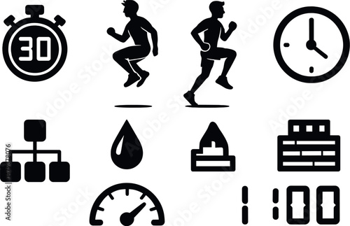 Hiit workout icons set – silhouette, exercise and fitness design elements