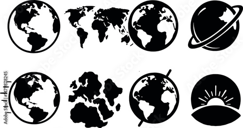 Earth and planet silhouette icons set – simple global and world map designs
