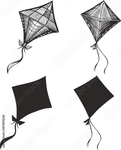 Diamond kites flying high in the sky ink sketch black and white engraving monochrome vector illustration and silhouette design