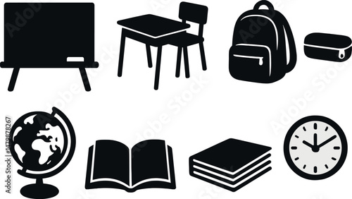 Classroom essentials icons set – silhouette, school and education tools collection