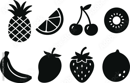 Summer fruit icons set – silhouette, fresh and seasonal food symbols collection