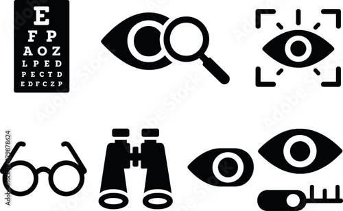 Vision and eye health icons set – silhouette style, eyesight and optical tools