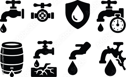 Water conservation silhouette icons set – simple, environment and sustainability designs