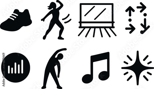 Dance fitness icons set – silhouette, exercise and workout symbols