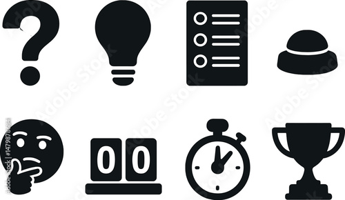 Trivia and quiz silhouette icons set – game, knowledge, and fun symbols