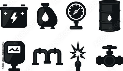 Oil industry icons set – silhouette, energy and petroleum related symbols collection