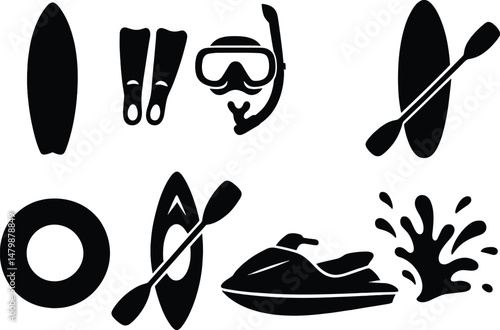 Summer beach icons set – silhouette, simple seaside and coastal symbols