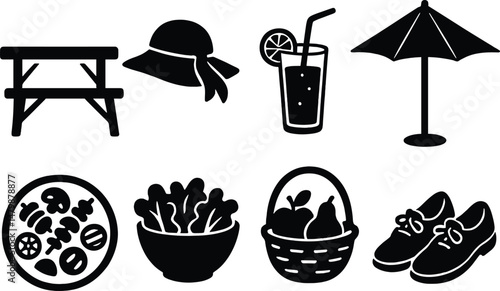 Garden picnic icons set – silhouette, outdoor and leisure activity graphics