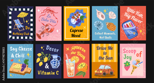 Set of funny illustrated postcards inspired by summer in Sicily. Includes quotes, seafood, lemons and retro summer vibes for posters or print.