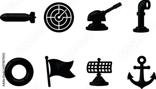 Naval warfare icons set – silhouette, simple nautical and military symbols