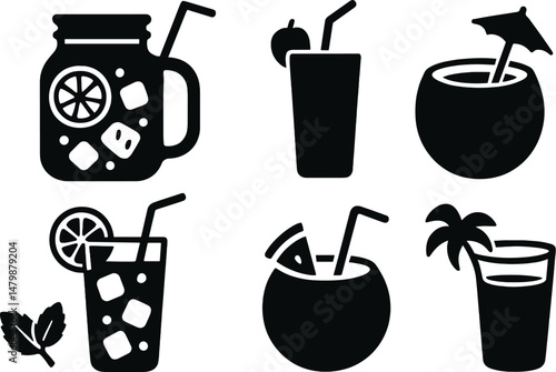 Refreshing summer drinks icons set – silhouette, beverage and cocktail symbols
