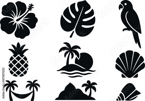 Tropical paradise silhouette icons set - beach, island and nature symbols