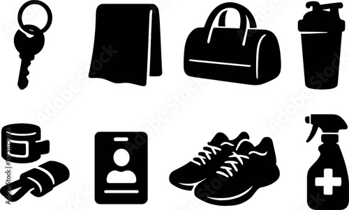 Gym essentials silhouette icons set – fitness, workout, and exercise symbols