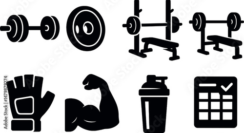 Strength training icons set – silhouette, fitness and workout symbol collection