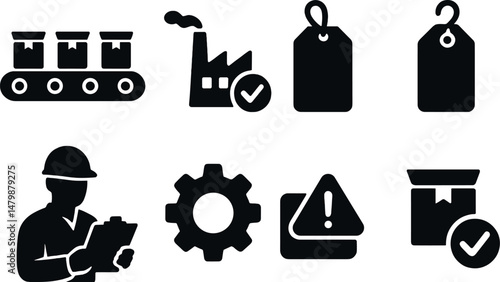 Factory quality inspection icons set – silhouette, precise checking and assurance symbols