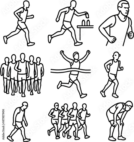 Marathon runners icons set – silhouette style for fitness, sports, and exercise themes