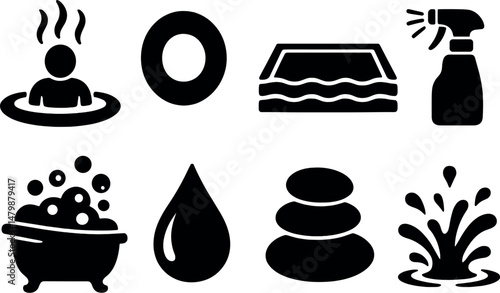 Water relaxation silhouette icons set – spa, wellness, and tranquility symbols