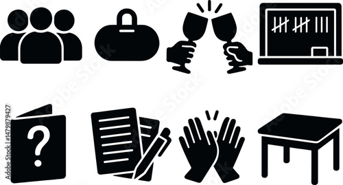 Quiz night icons set – silhouette, trivia and game night visual symbols