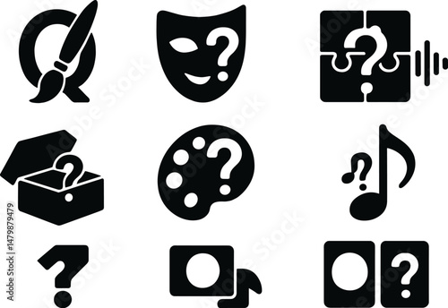 Creative quiz icons set – silhouette, question and answer graphic symbols